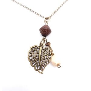 Gold Leaf Necklace Filigree Pendant Beaded Boho 22in